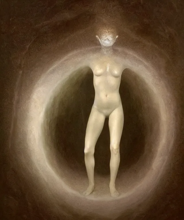 Image similar to Beautiful full-body wax sculpture of a glowing transparent woman inside egg with melted white wax inside the singularity where stars becoming baroque folds of dark matter by Michelangelo da Caravaggio, Nicola Samori, William Blake, Alex Grey and Beksinski, dramatic volumetric lighting, highly detailed oil painting, 8k, masterpiece