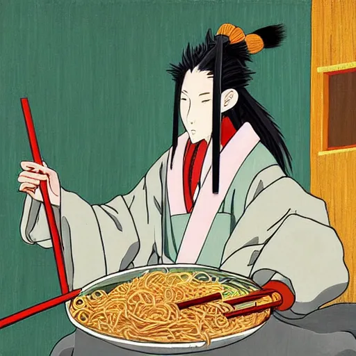 Image similar to robe rat samurai eating noodles, painting on a canvas, anime style, studio ghibli, contemplative, beautiful, surreal, detailed, dreamy