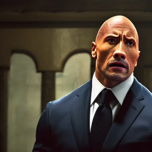 Image similar to a close up cinematic still of Dwayne Johnson in John Wick