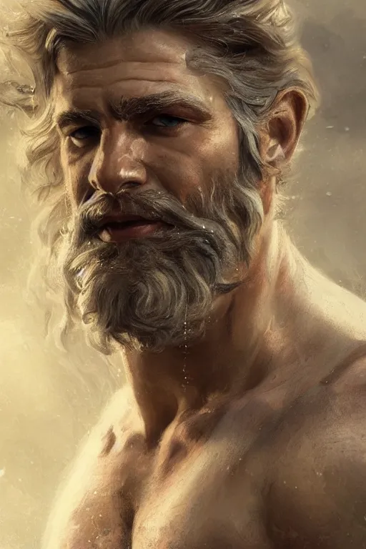 Image similar to painted portrait of rugged zeus, god of thunder, greek god, white hair, masculine, mature, handsome, upper body, muscular, hairy torso, fantasy, intricate, elegant, highly detailed, digital painting, artstation, concept art, smooth, sharp focus, illustration, art by gaston bussiere and greg rutkowski