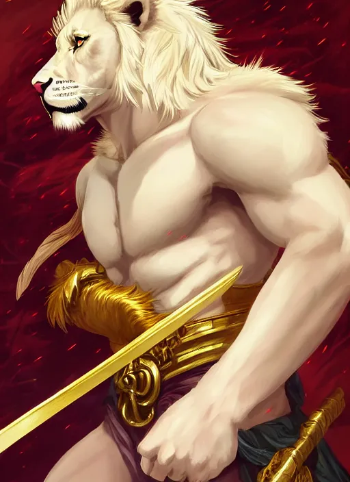 Image similar to aesthetic portrait commission of a of a male fully furry muscular anthro albino lion holding a golden katana and wearing shiny and wet heavy red and gold royal samurai full armor in a Japanese forest while storming, cinematic epic shot. Character design by charlie bowater, ross tran, artgerm, and makoto shinkai, detailed, inked, western comic book art, 2021 award winning film poster painting