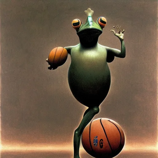 Prompt: a six foot tall anthropomorphic frog playing basketball, zdzisław beksinski