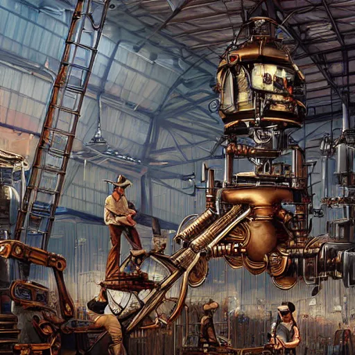 Prompt: digital art of workers working on a gigantic steampunk machine that creates robot elephants, art station