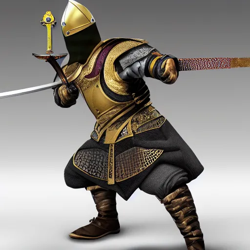 Image similar to duck medieval warrior with sword and armor. hyper realistic render