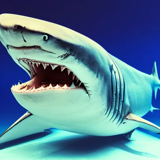 Prompt: Shark with a black box attached to top of its head, the box emits a single blue-green laser 3D, realistic -5