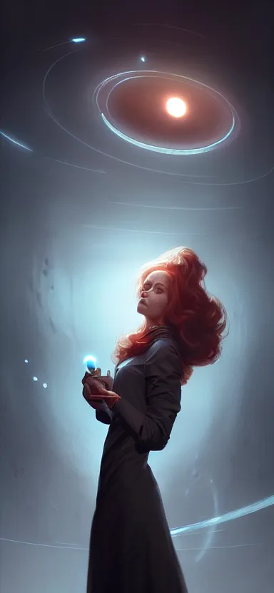 Image similar to a portrait art of a beautiful female scientist in a laboratory holding a small black hole in her hands, inspired art by istvan sandorfi and greg rutkowski, concept art, stylised, elegant, illustration, high quality, highly detailed, long hair, digital art, futuristic art style, artstation