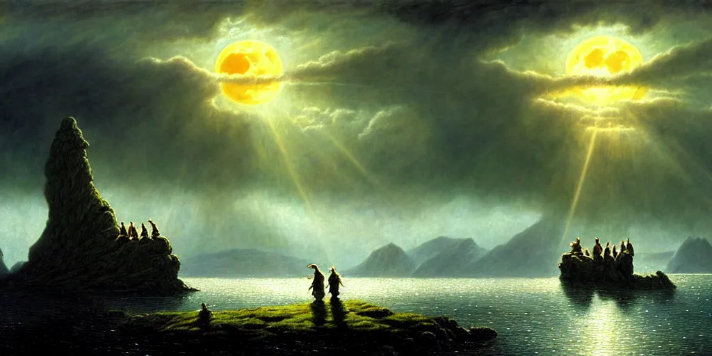 Prompt: three hobbits out at a lord of the rings scenery landscape, staring across the sea at a white timber sail boat leaving harbour, evening, god's rays highly detailed, vivid colour, soft clouds, full moon, cinematic lighting, perfect composition, gustave dore, derek zabrocki, greg rutkowski, belsinski