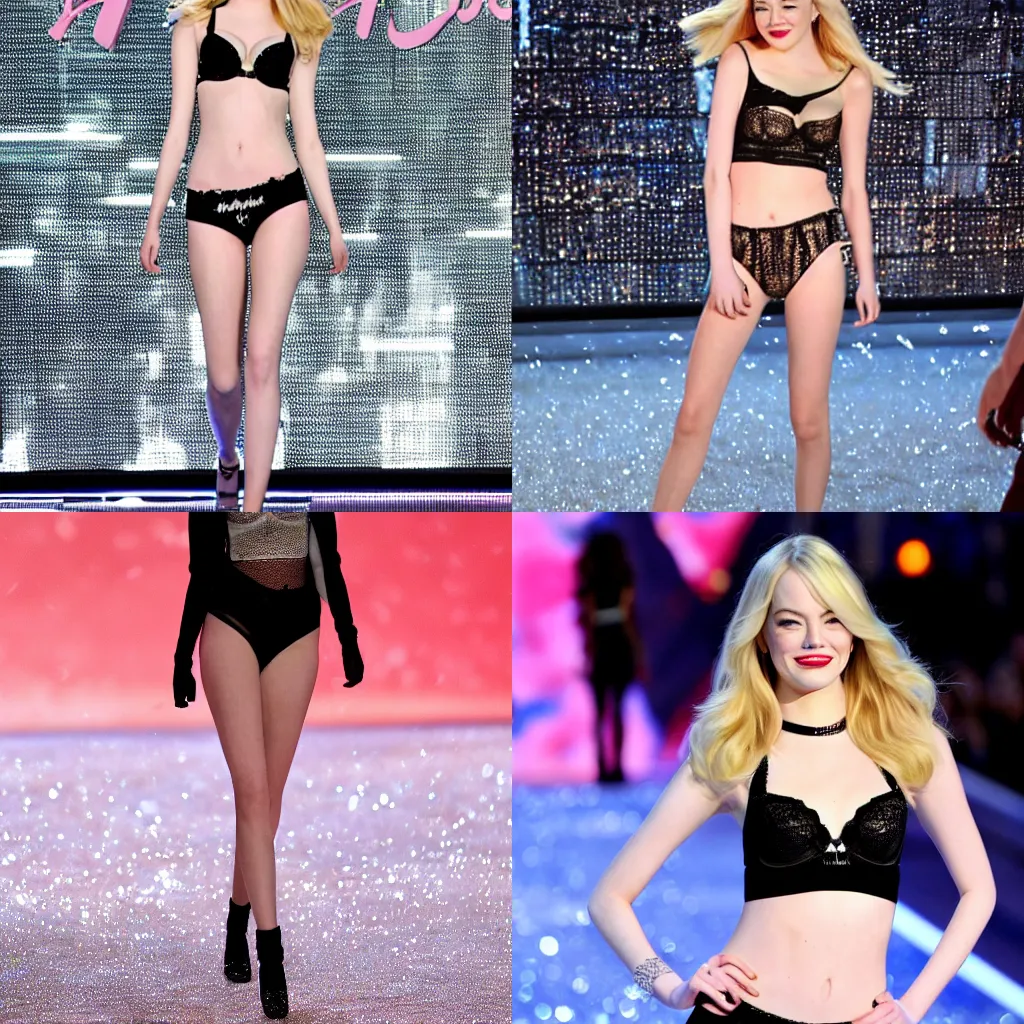 Prompt: blonde Emma Stone on Victoria's Secret Fashion Show,