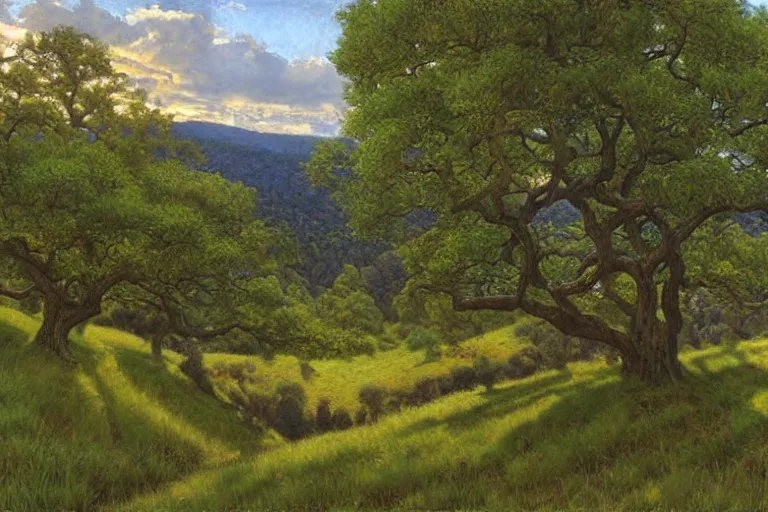 Image similar to masterpiece painting of oak trees on a hillside overlooking a creek, dramatic lighting, by donato giancola