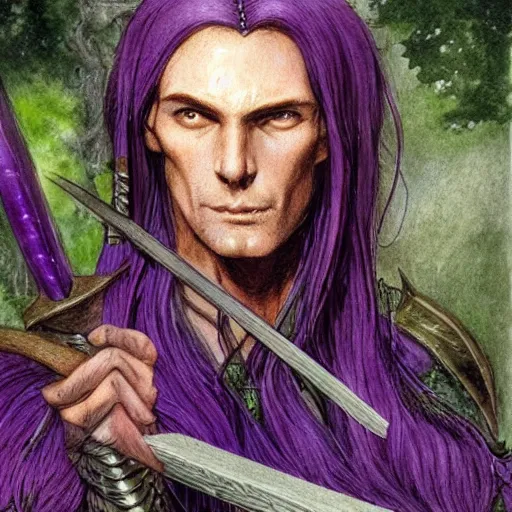 Prompt: male wood elf, pointy ears, long purple hair, holding a longbow, green leaf cloak, leather armor, metal gauntlets, green eyes. in the style of alan lee and john howe. fantasy. detailed.