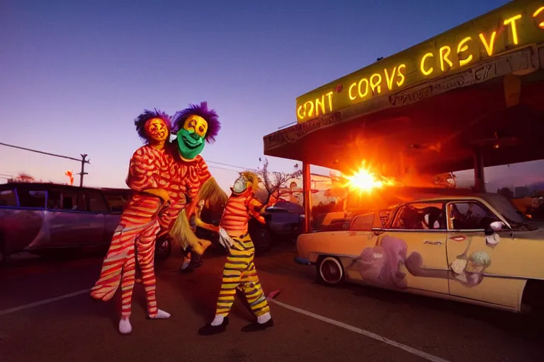 Image similar to 2 0 clowns leaving a clowncar at a california drive in, in 2 0 1 2, cutecore clowncore, bathed in the the glow of the sunset, low - light photograph, in style of henry selik