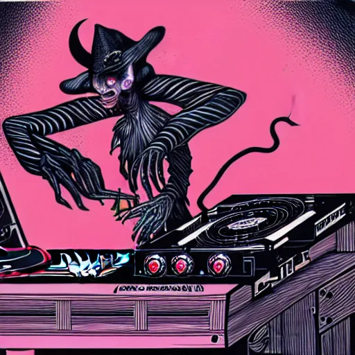 Image similar to graphic illustration, creative design, a witch on the dj decks, biopunk, francis bacon, highly detailed, hunter s thompson, concept art