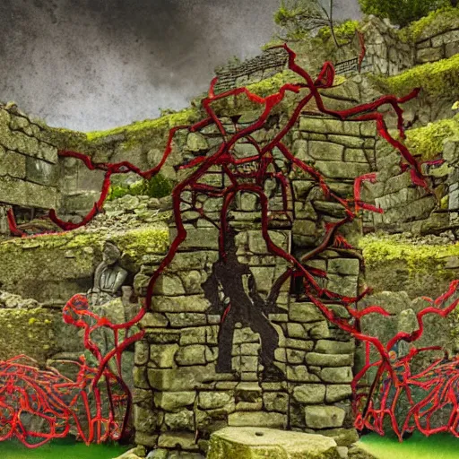 Image similar to the ruins of a village made out of stone, overgrown with red vines, with a broken stone statue of a man holding a sword in the middle of the ruins