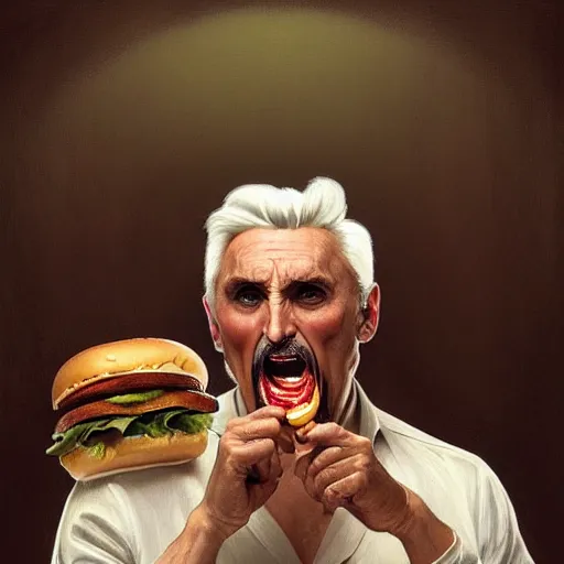 Prompt: painted portrait of dennis hopper screaming at hamburgers, white hair, masculine, mature, handsome, fantasy, intricate, elegant, highly detailed, digital painting, artstation, concept art, sharp focus, illustration, illumination, holy ethereal light, art by gaston bussiere and alphonse mucha