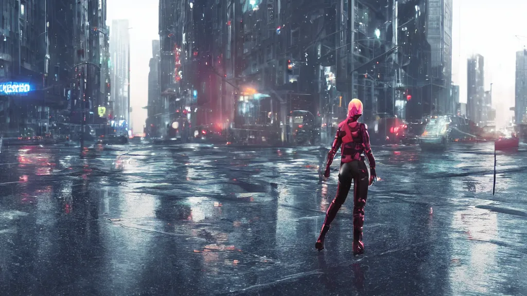 Prompt: modern sci-fi ninja woman with a sword and transparent plastic rainjacket and translucent clothing, walking towards oncoming busy traffic trucks and cars, in downtown chicago, daytime, wet floor on streets, matte painting, unreal engine, cinematic camera, mirrors edge, sunset overdrive