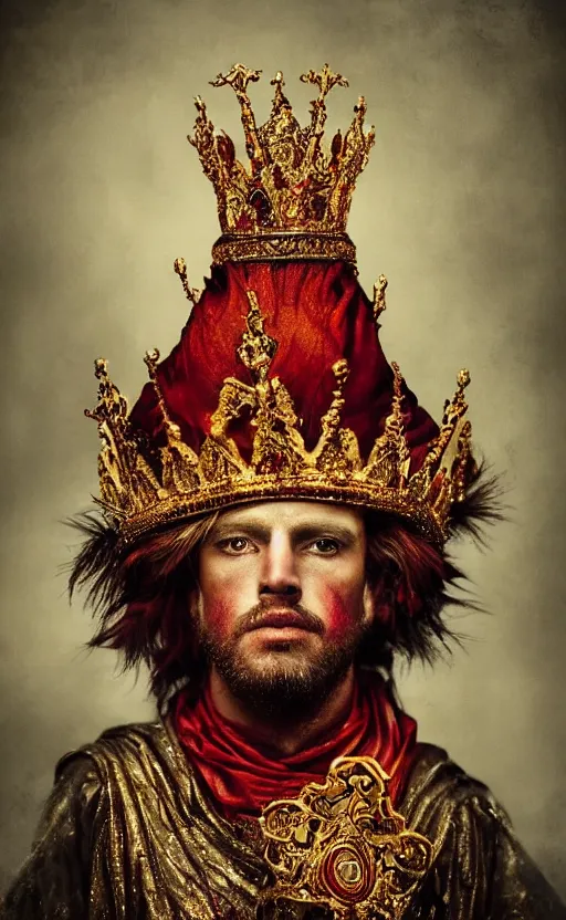 Image similar to 'Portrait of Crowned King Arthur' by Lee Jeffries royally decorated, whirling plasma, atmospheric motes, red and gold Sumptuous garb, gilt silk fabric, radiant colors, fantasy, perfect lighting, studio lit, micro details,