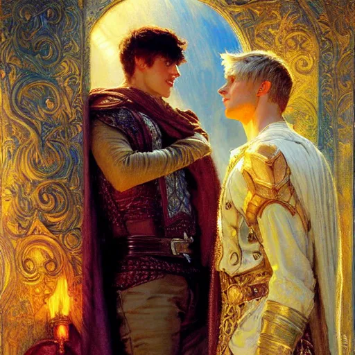 Image similar to attractive arthur pendragon in love with attractive male merlin the mage. highly detailed painting by gaston bussiere, craig mullins, j. c. leyendecker