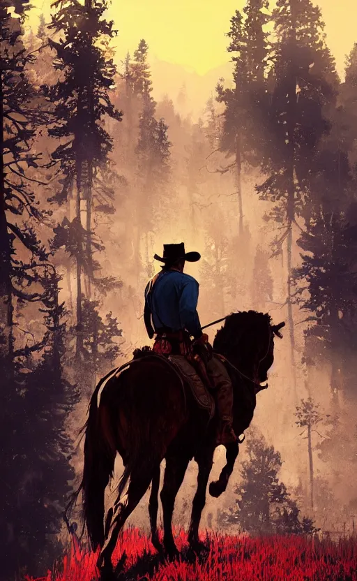 Prompt: a beautiful artwork illustration, red dead redemption 2, high contrast, high contrast, high contrast, vibrant colors, vivid colors, high saturation, by Greg Rutkowski and Jesper Ejsing and Raymond Swanland, featured on artstation, wide angle, vertical orientation