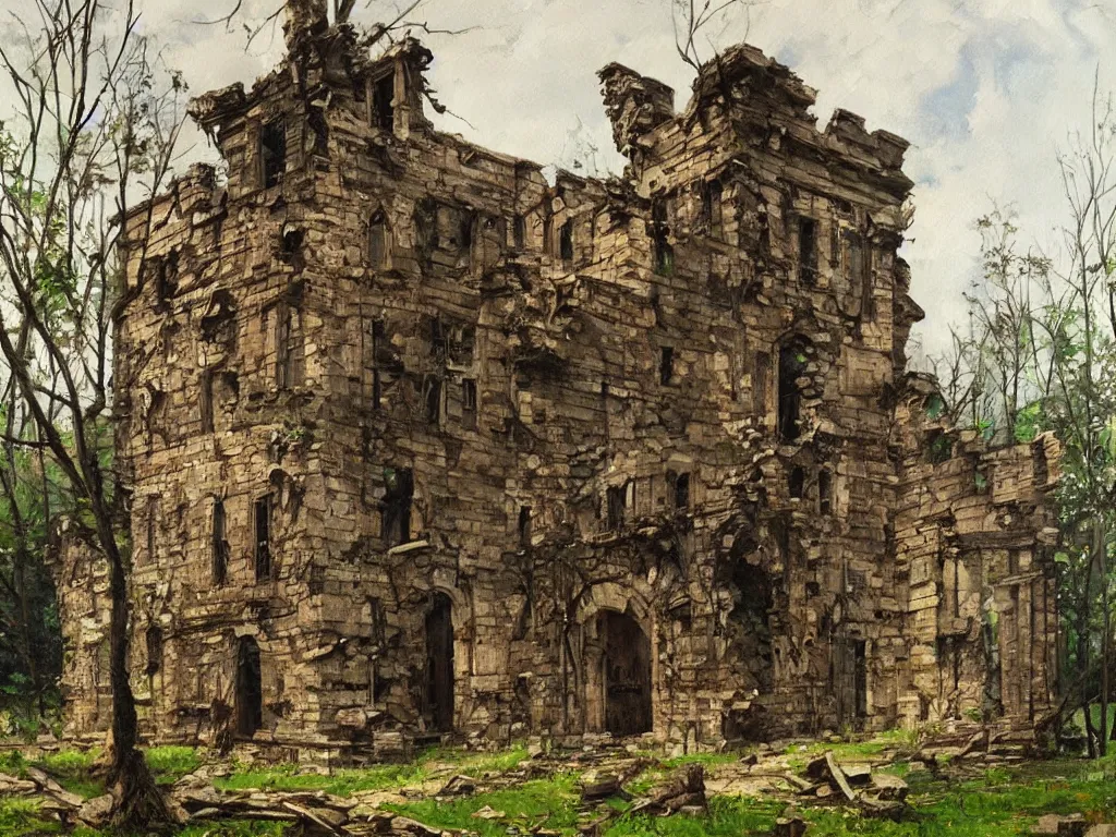 Image similar to A beautiful painting of a dilapidated ancient castle building in the wood, by Coby Whitmore, Trending on artstation, very detailed