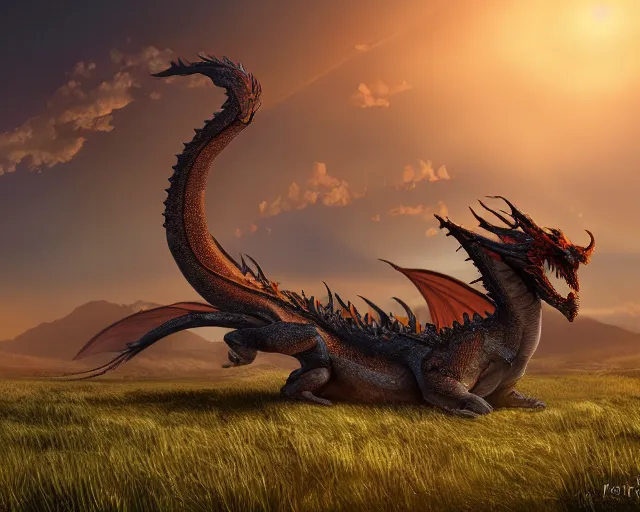 Prompt: Giant Dragon resting in an open field at sunset , natural light, dead plants and flowers, elegant, intricate, fantasy, atmospheric lighting, by Peter Morhbacher, HD, highly detailed, 8k