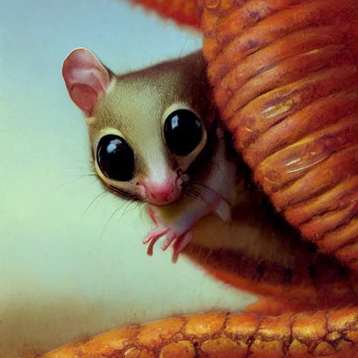 Prompt: A tiny sugar glider riding a big caterpillar at dawn, artstation, macrophotography, fantasy, concept art, moonlight, incredible, smooth, sharp focus, illustration, art by greg rutkowski and orientalism and bouguereau and Zdzislaw Beksinski, good clear quality, lighting, biology, symmetrical artwork, perfect face, 135 mm, cinematic, hyper realism, high detail, octane render, 8k, cute