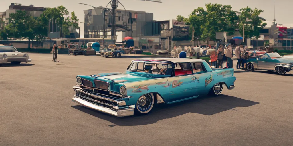 Image similar to highly detailed photo of an award winning lowrider, cruising at a car show, car bounce, air suspension, fan girls, 8 k, octane render, unreal engine, ue 5, photoshop, maya, ray tracing