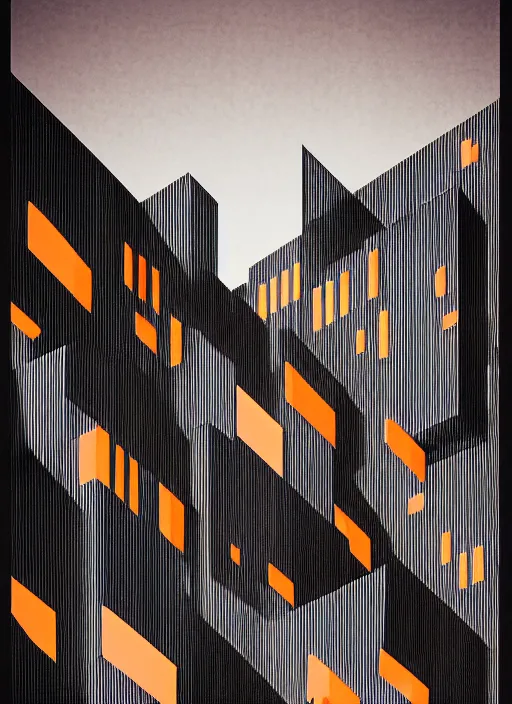 Prompt: habitat 67 city on fire, Mads Berg, Karolis Strautniekas, James Yang, Brutalism, Constructivist, film noir, stippled light, dramatic lighting,editorial illustration, detailed, matte print, dark orange black white red, a lone man