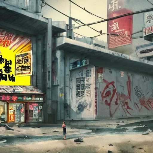 Image similar to incredible wide screenshot, ultrawide, simple watercolor, rough paper texture, ghost in the shell movie scene, backlit distant shot of girl in a parka running from a giant robot invasion side view, yellow parasol in deserted dusty shinjuku junk town, broken vending machines, bold graphic graffiti, old pawn shop, bright sun bleached ground, mud, fog, dust, windy, scary robot monster lurks in the background, ghost mask, teeth, animatronic, black smoke, pale beige sky, junk tv, texture, brown mud, dust, tangled overhead wires, telephone pole, dusty, dry, pencil marks, genius party,shinjuku, koji morimoto, katsuya terada, masamune shirow, tatsuyuki tanaka hd, 4k, remaster, dynamic camera angle, deep 3 point perspective, fish eye, dynamic scene