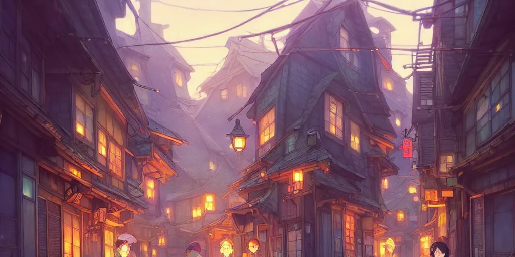 Image similar to the girl and the alley. anime visual of a cozy village, late in the evening. by hayao miyazaki and rossdraws and artgerm and greg rutkowski and alphonse mucha. anime production by studio ghibli. high quality, stunning, intricate detailed environment. 8 k