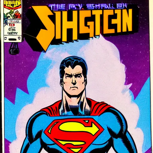 Prompt: 1 9 8 0 s comic book title cover scan, highly detailed professional comic art, sharp detailed, featuring a portrait of tiger as a superman by schen teng, 8 0 s sci - fi comic art