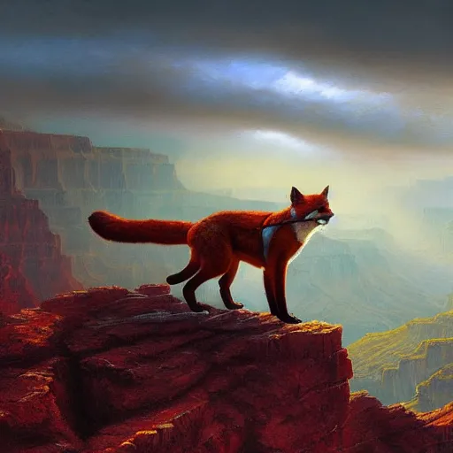 Prompt: Red Puma Fox Beast Chimera Hybrid collar wearing feather crest paws fingernails whiskers snacks tail eyes furry fuzzy standing atop grand canyon greg rutkowski greg danton tony sart raymond swanland chris foss chris cold christophe norman rockwell young acrylic 4k artstation wikiart wikipedia realism tilt-shift aspca adoption research