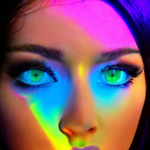 Image similar to goldenhour selfie photo of a stunningly beautiful model with large symmetrical violet eyes and flowing iridescent hair, rainbow light spectrum caustics and shadows cast by the blinds