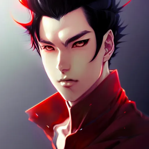 Image similar to anime portrait of a slick black hair guy with red eyes by stanley artgerm lau, wlop, rossdraws, james jean, andrei riabovitchev, marc simonetti, and sakimichan, trending on artstation