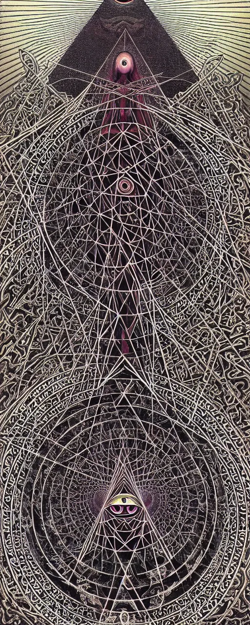 Image similar to realistic detailed sacred geometry wrapping around the all seeing eye sat at the top of the pyramids being blessed in divine mystical light, Conjuring Psychedelic by Shintaro Kago, Neo-Gothic, gothic, rich deep colors. Beksinski painting, part by Adrian Ghenie and Gerhard Richter. art by Takato Yamamoto. masterpiece