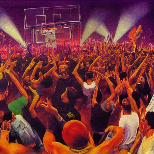 Prompt: colorful painting of an old school hip hop concert taking place on a basketball court behind a large brick apartment at night, many people dancing with their hands in the air, a rapper is standing on stage yelling into the mic, a dj with audio equipment at the back of the stage, in the style of frank frazetta