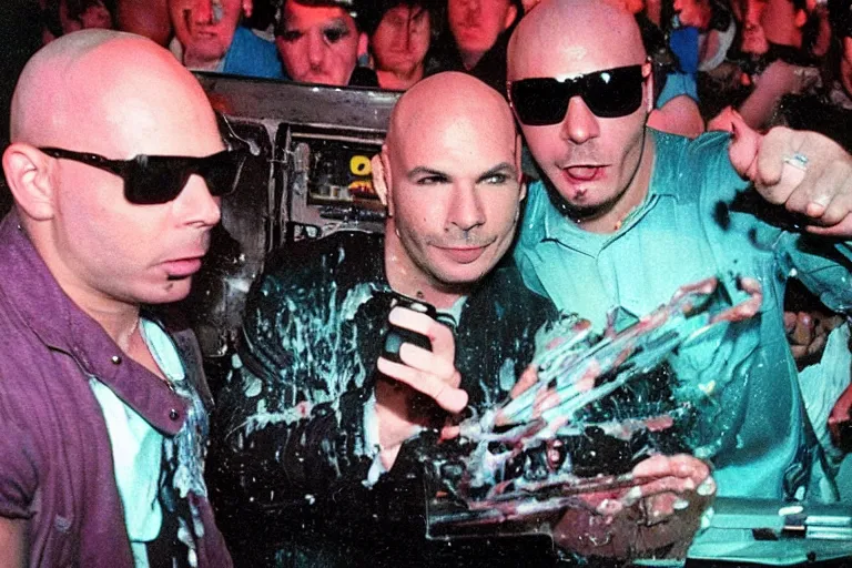 Image similar to pitbull taking a selfie with a fan while trapped in a pinball machine, submerged in goo, in 1 9 8 5, y 2 k cybercore, industrial low - light photography, still from a kiyoshi kurosawa movie