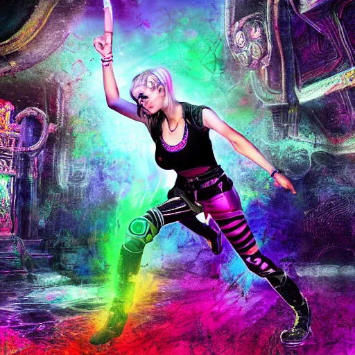 Image similar to Long Shot of psychodelic Sonya Blade in mysterious astral temple jumpin with pistol in river of chromatic SPIRITS , beautiful, dmt, trending on artstation, omnious, soft, hypermaximalistic, high details, cinematic, 8k resolution, artwork by Wong, Liam