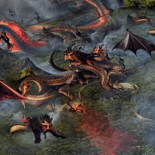 Image similar to photo of dragons fighting over a destroyed village