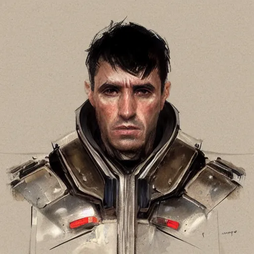 Prompt: Portrait of a man by Greg Rutkowski, he is about 40 years old, short black hair with bangs, his features are a mix between French, Turkish and Russian, expression of helplessness, sadness and resentment, he is wearing a futuristic tactical gear, highly detailed portrait, digital painting, artstation, concept art, smooth, sharp foccus ilustration, Artstation HQ.