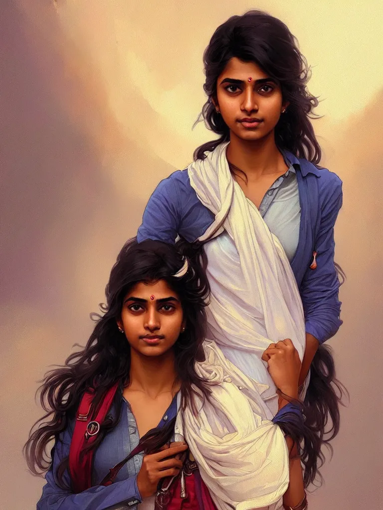 Image similar to Anxious pretty young Indian doctor wearing jeans leaving a plane, portrait, elegant, intricate, digital painting, artstation, concept art, smooth, sharp focus, illustration, art by artgerm and greg rutkowski and alphonse mucha