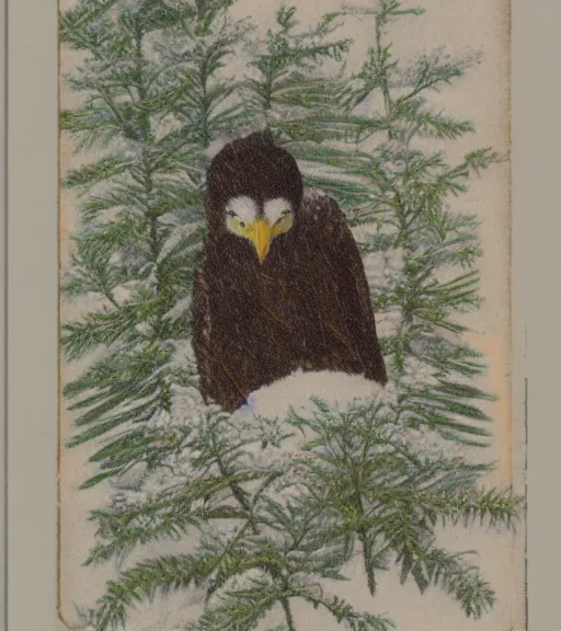 Image similar to tattered postcard of 'an eagle in the nest of a snowy pine tree'