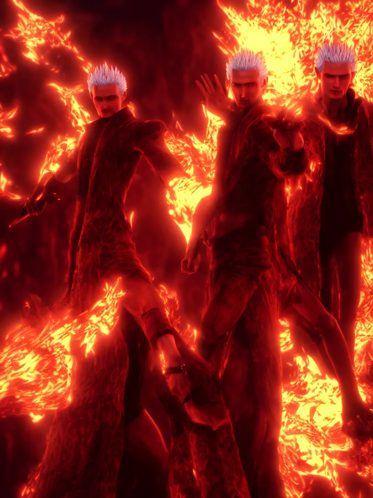 Prompt: hyperrealistic dante and vergil in hell, golden light