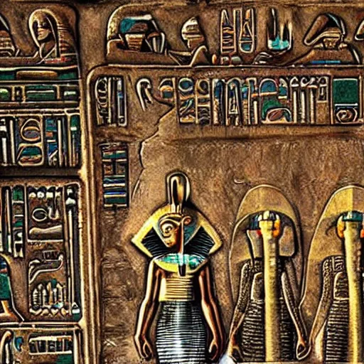 Image similar to The Annunaki have returned to Egypt wearing space suits that look like Egyptian pharoah head-dresses and breathing hoses that look like elephant trunks - alien-looking, cyborg, detailed, photo-realism