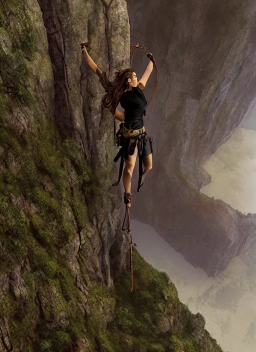 Image similar to close-up portrait action shot of Lara Croft hanging from a cliff ridge, Les Edwards, Zdzislaw Beksinski, Carl Gustav Carus, John Harris, Michal Karcz, Zhang Kechun, Mikko Lagerstedt, Scott Listfield, Steven Outram, Jessica Rossier