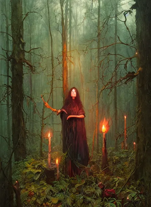 Image similar to a hyper realistic witch shrine, candles, in the woods, distant explosions, gorgeous lighting, lush forest foliage, painting by chiara bautista and tom bagshaw, mucha, beksinski and norman rockwell and greg rutkowski weta studio, and lucasfilm