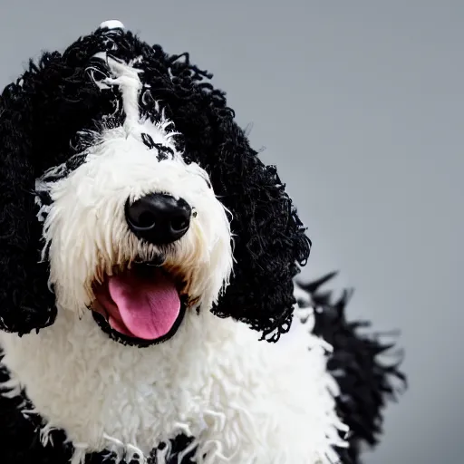 Prompt: a closeup photorealistic photograph of a cute smiling knitted bernedoodle judge dog dressed in a black gown, presiding over the courthouse. indoors, professional capture, well lit shot. this 4 k hd image is trending on artstation, featured on behance, well - rendered, extra crisp, features intricate detail, epic composition and the style of unreal engine.