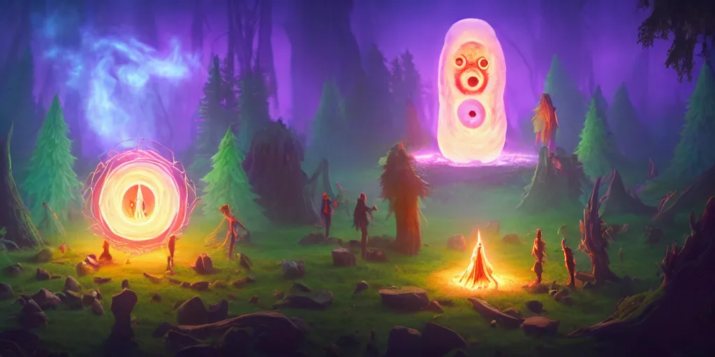 Image similar to group of forest wizards gathered around a summoning circle as a colossal ghostly donut - demon - hybrid - monster after - image emerges from a portal in the sky, glowing, culinary vibes, magic, fantasy colors, cinematic medium shot, 4 k hyper detailed, realistic, by riot games and julia yurtsev