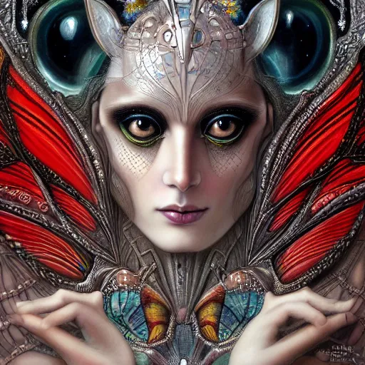 Image similar to beautiful closeup portrait of an art deco faerie queen, glowing eyes. reflective detailed textures, moth wings, highly detailed dark fantasy science fiction painting by tom bagshaw and michael whelan and diego rivera and annie swynnerton and jean delville and moebius and evelyn de morgan, elaborate geometric ornament, ancient runes, silver and cool colors. artstation