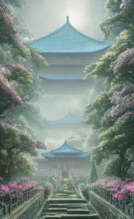 Image similar to vanishing point, palace covered with aqua blue roses like the forbidden city in distance at the red rose royal manor, viewed from afar, stephen bliss, misty, unreal engine, fantasy art by greg rutkowski, loish, ferdinand knab, and lois van rossdraws,, global illumination, radiant light, minimalist, detailed and intricate environment