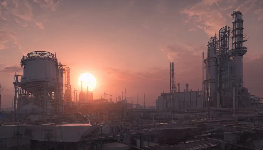 Image similar to real combined cycle powerplant, sunrise, hyperdetailed, artstation, cgsociety, 8 k